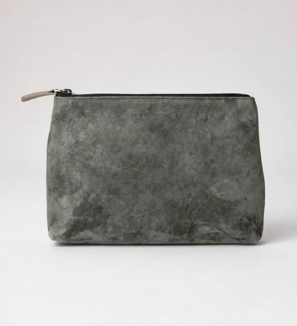 Brunello Cucinelli Green Suede Leather Pouch Cosmetic Bag Rare Womens Zipper